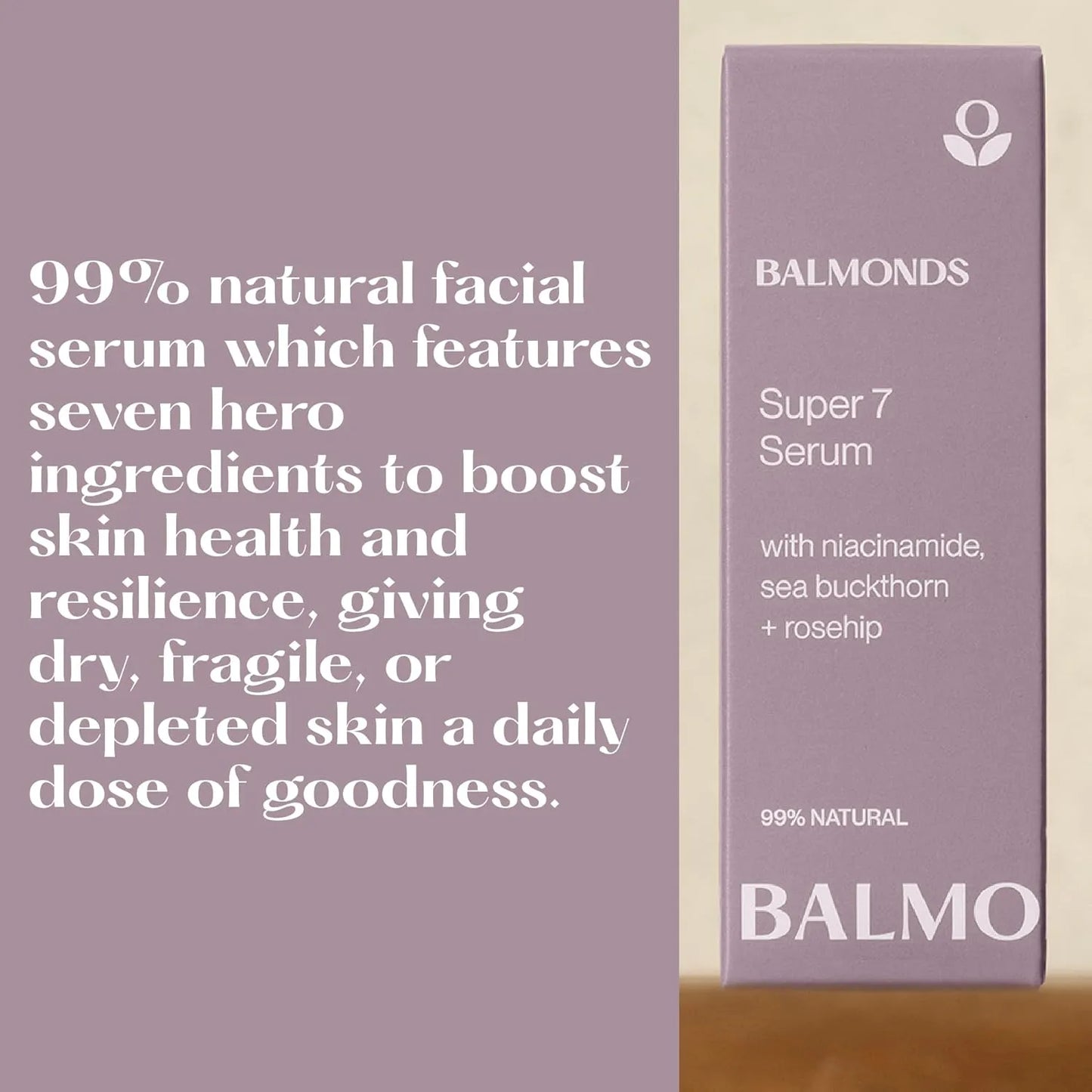 Balmonds Super 7 Serum packaging with text on a purple background