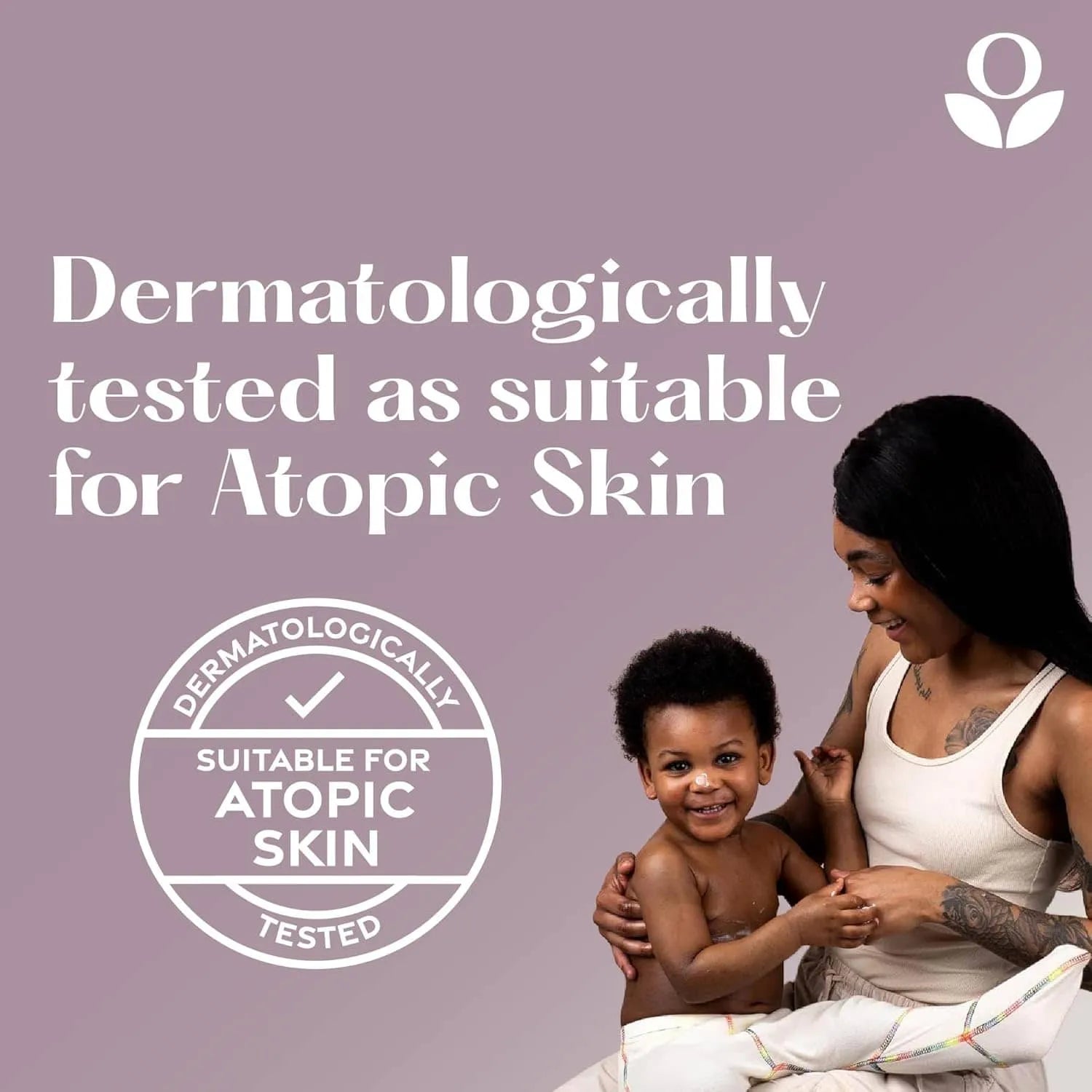 Balmonds Hair & Scalp Oil - 50ml model shot of woman and child with text indicating dermatological testing for atopic skin on a purple background