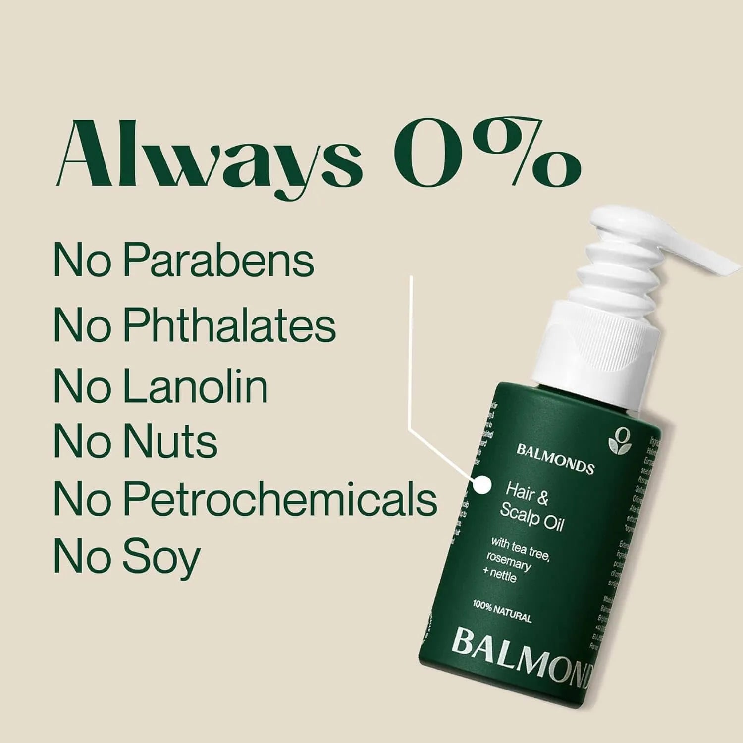 Balmonds Hair and Scalp Oil bottle with ingredient information on a beige background