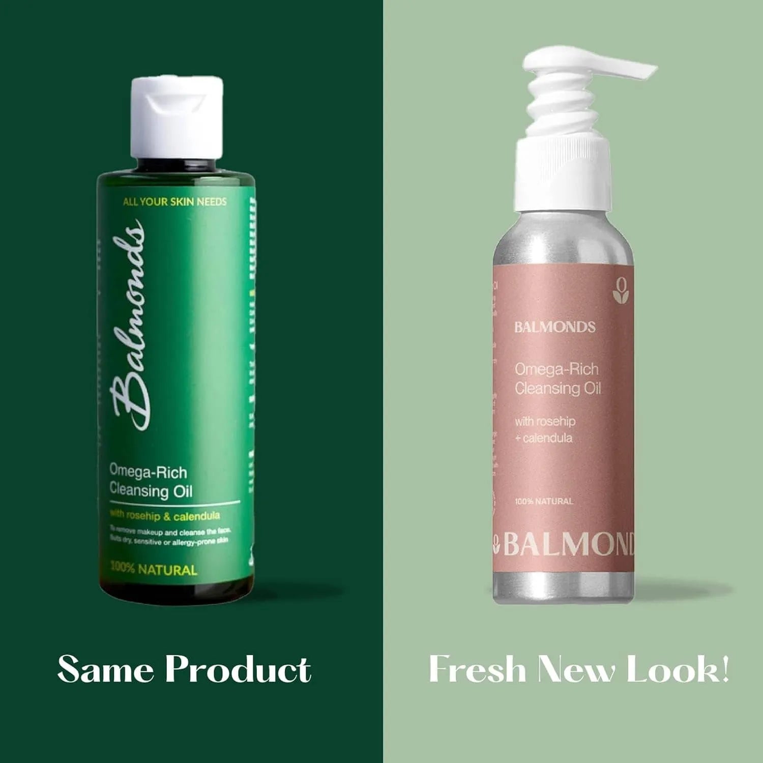 Two bottles of Balmonds Omega Rich Cleansing Oil on a green and beige background the one on the left is the old packaging
