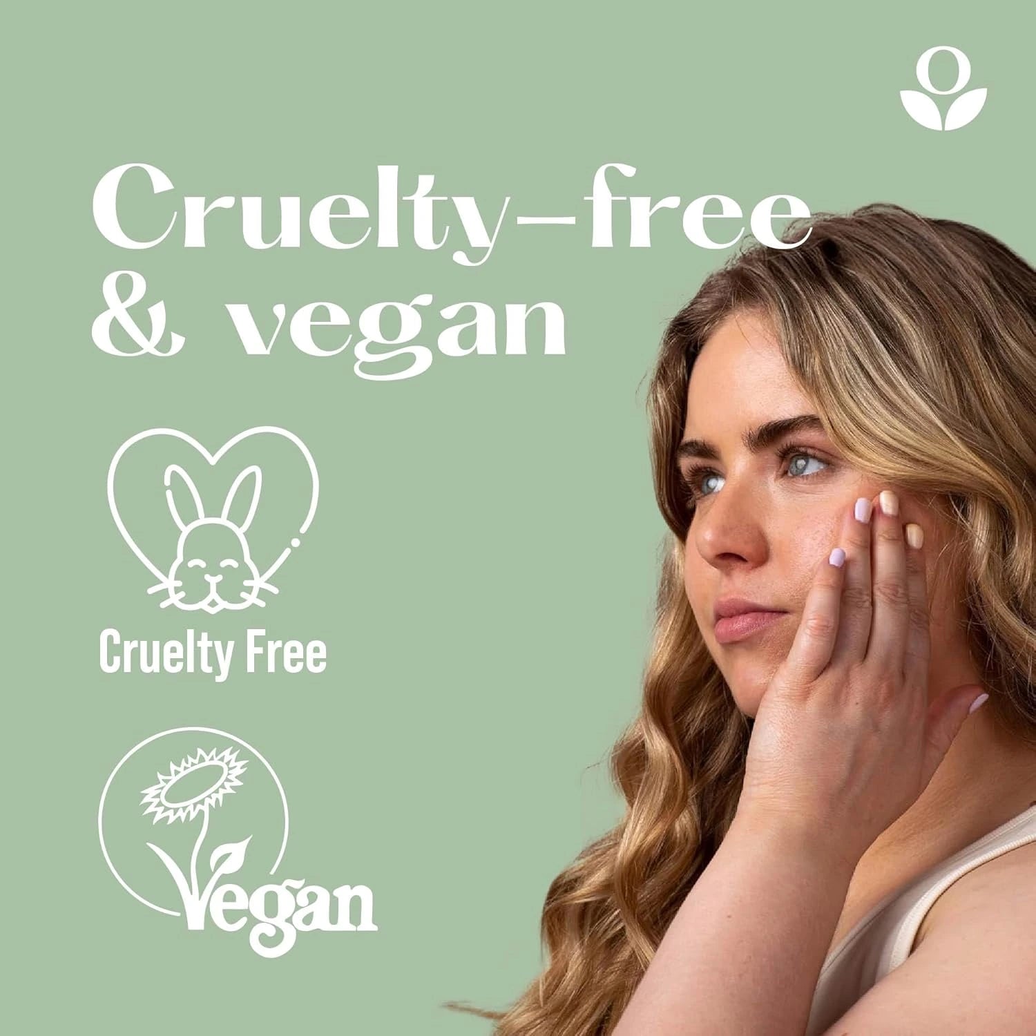 Balmonds Body, Hand & Hair Wash - 200ml model shot of woman applying cream to her face with 'Cruelty-free & Vegan' text and icons on a light green background
