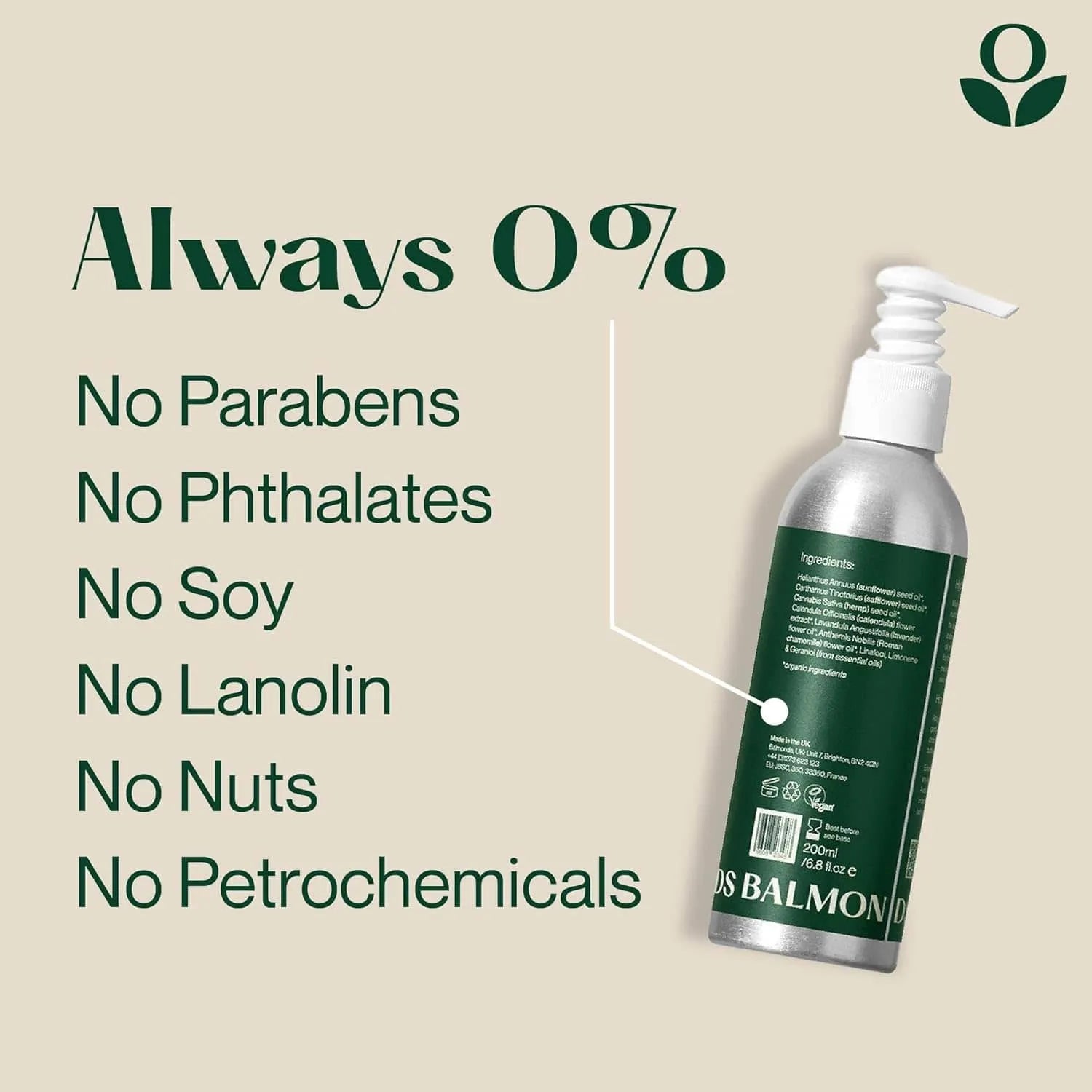 Bottle of Balmonds Hydrating Body Oil with text highlighting ingredient-free properties on a beige background