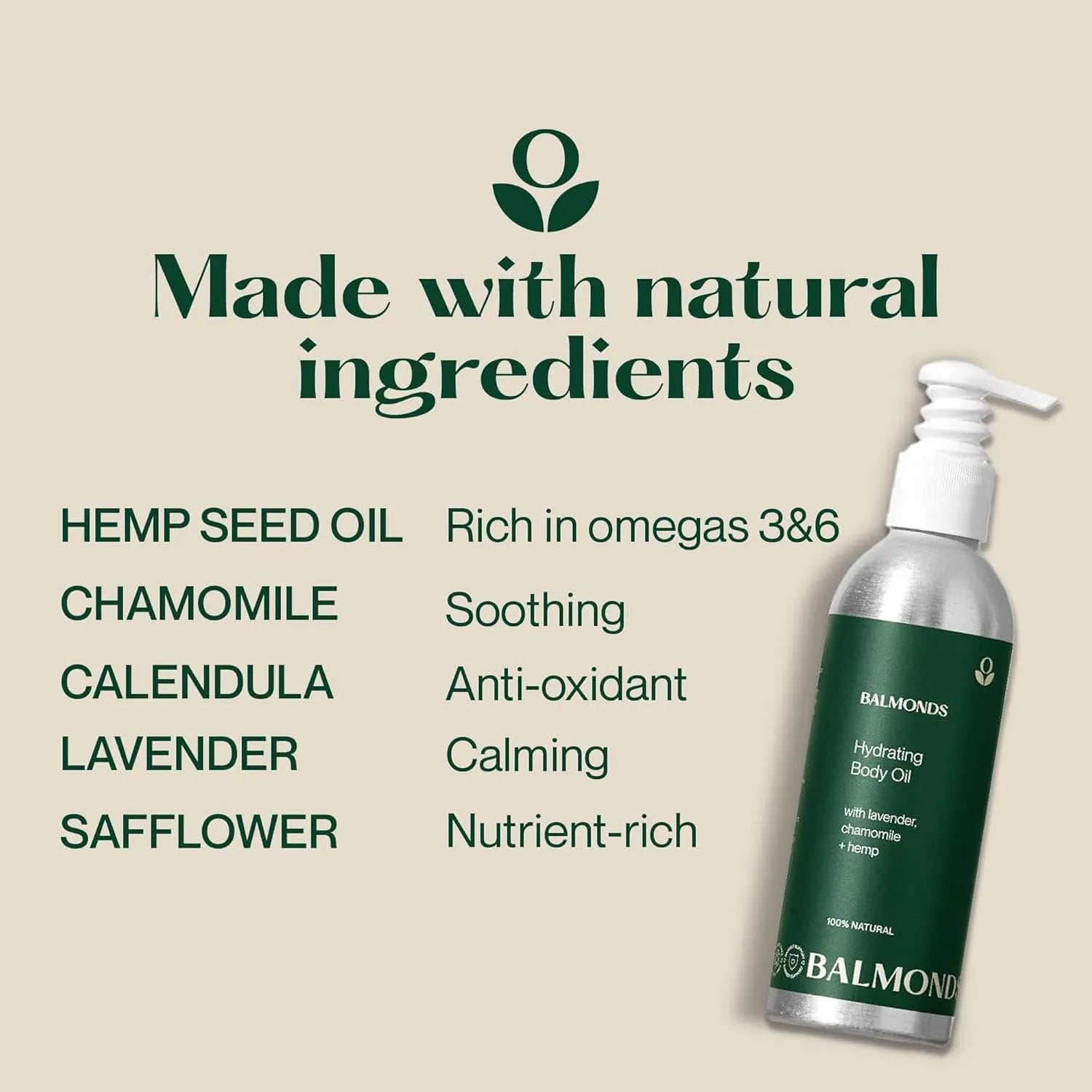 Balmonds Bydrating Body Oil with natural ingredients listed on a beige background