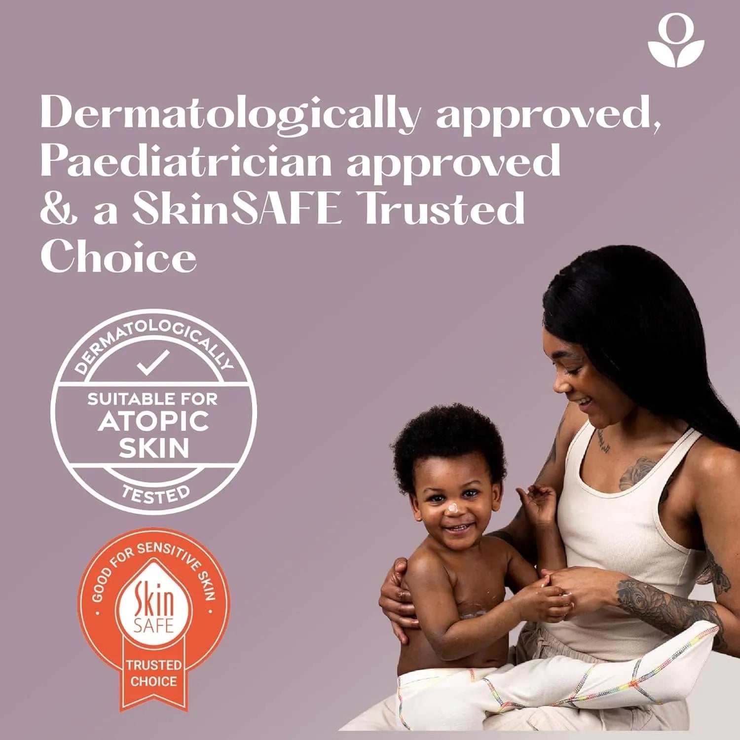 Balmonds Cooling Cream - 100ml model shot of woman holding a child with product approval text and logos on a purple background