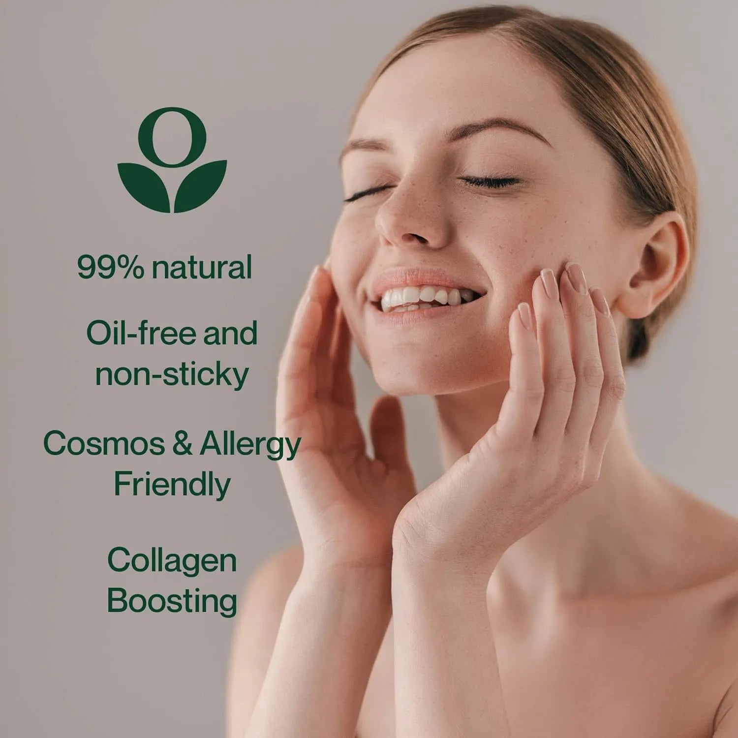 Balmonds Super 7 Serum - 30ml model shot of woman touching her face with a green logo and text about product features on a beige background