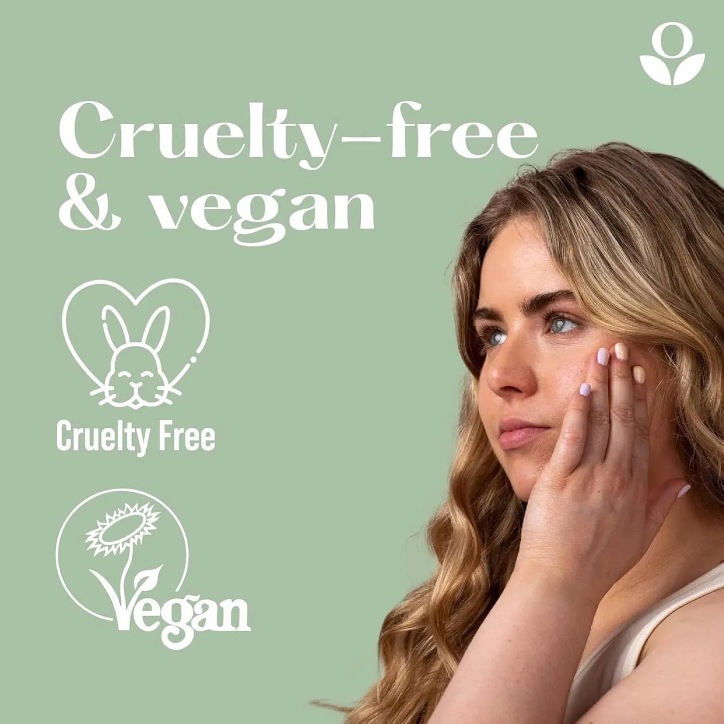 Balmonds Hair & Scalp Oil - 50ml model shot of woman applying cream to her face with 'Cruelty-free & Vegan' text and icons on a light green background