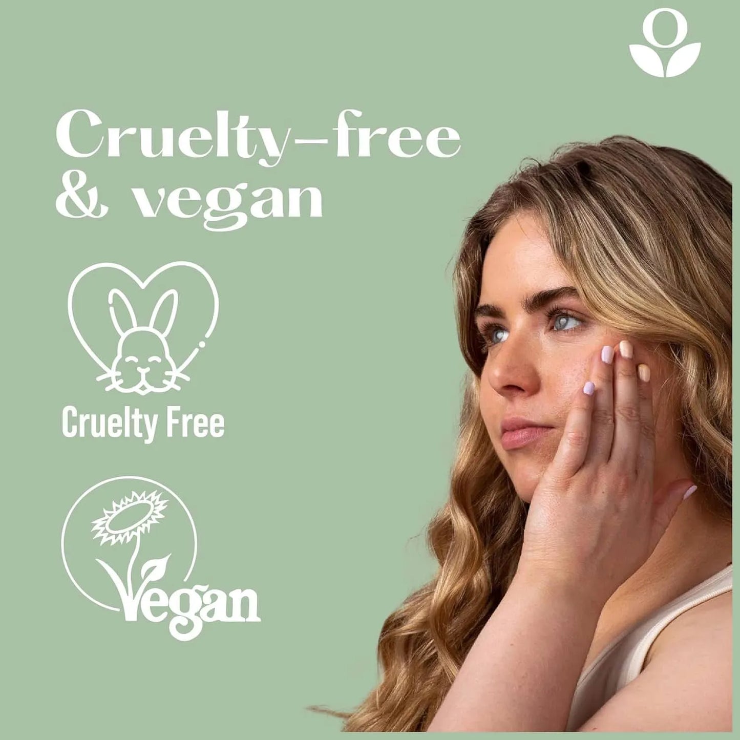 Balmonds Cooling Cream - 100ml model shot of woman with hand on face against a green background with 'Cruelty-free & Vegan' text and icons