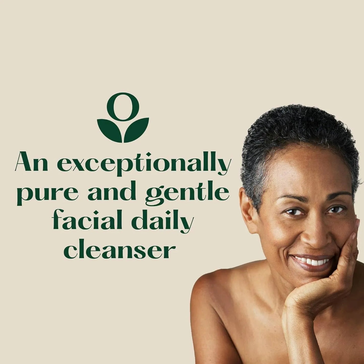 Balmonds Omega Rich Cleansing Oil - 125ml model shot of woman with a serene expression on a beige background with text about a facial cleanser