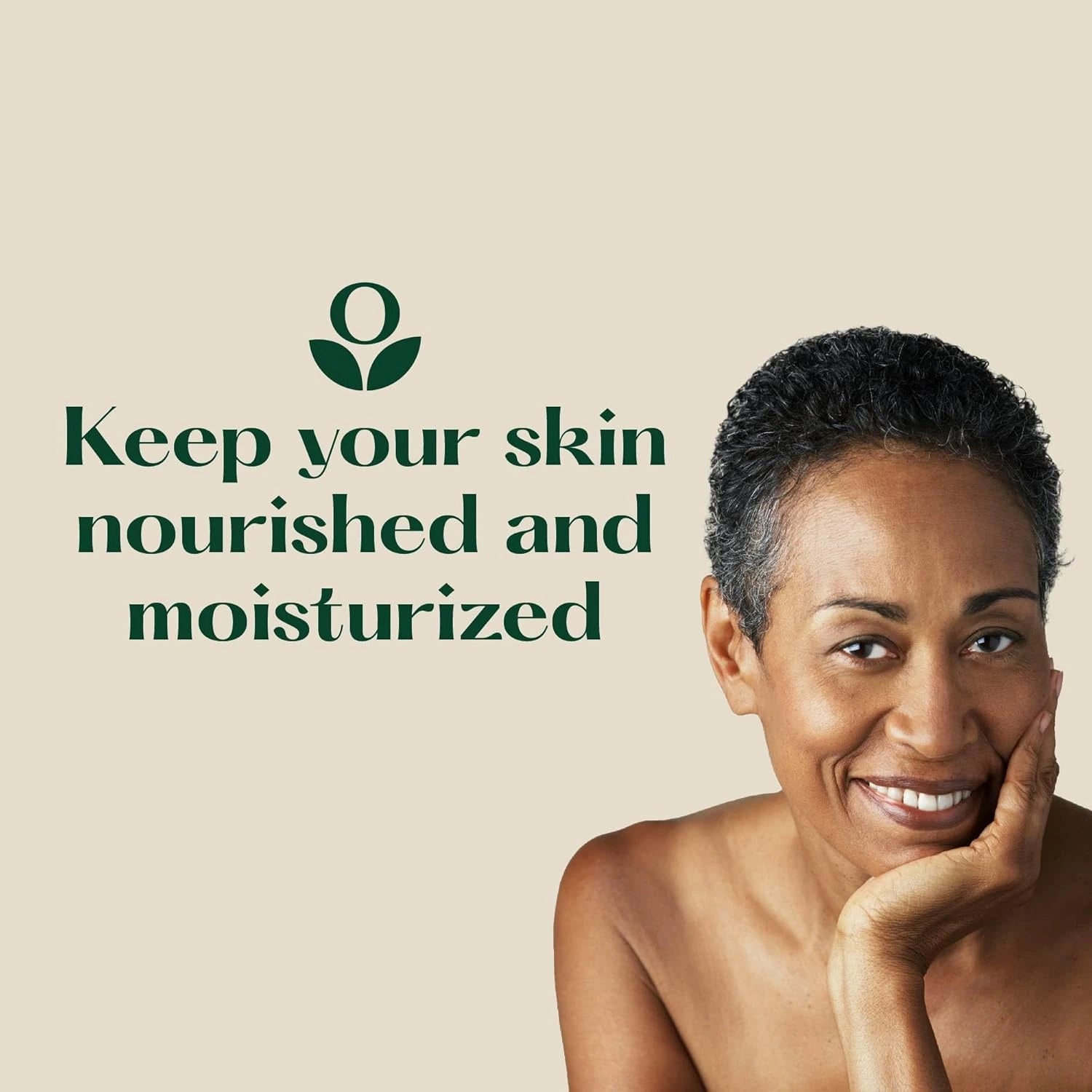 Balmonds Body, Hand & Hair Wash - 200ml model shot of woman with a serene expression on a beige background with text about skin care