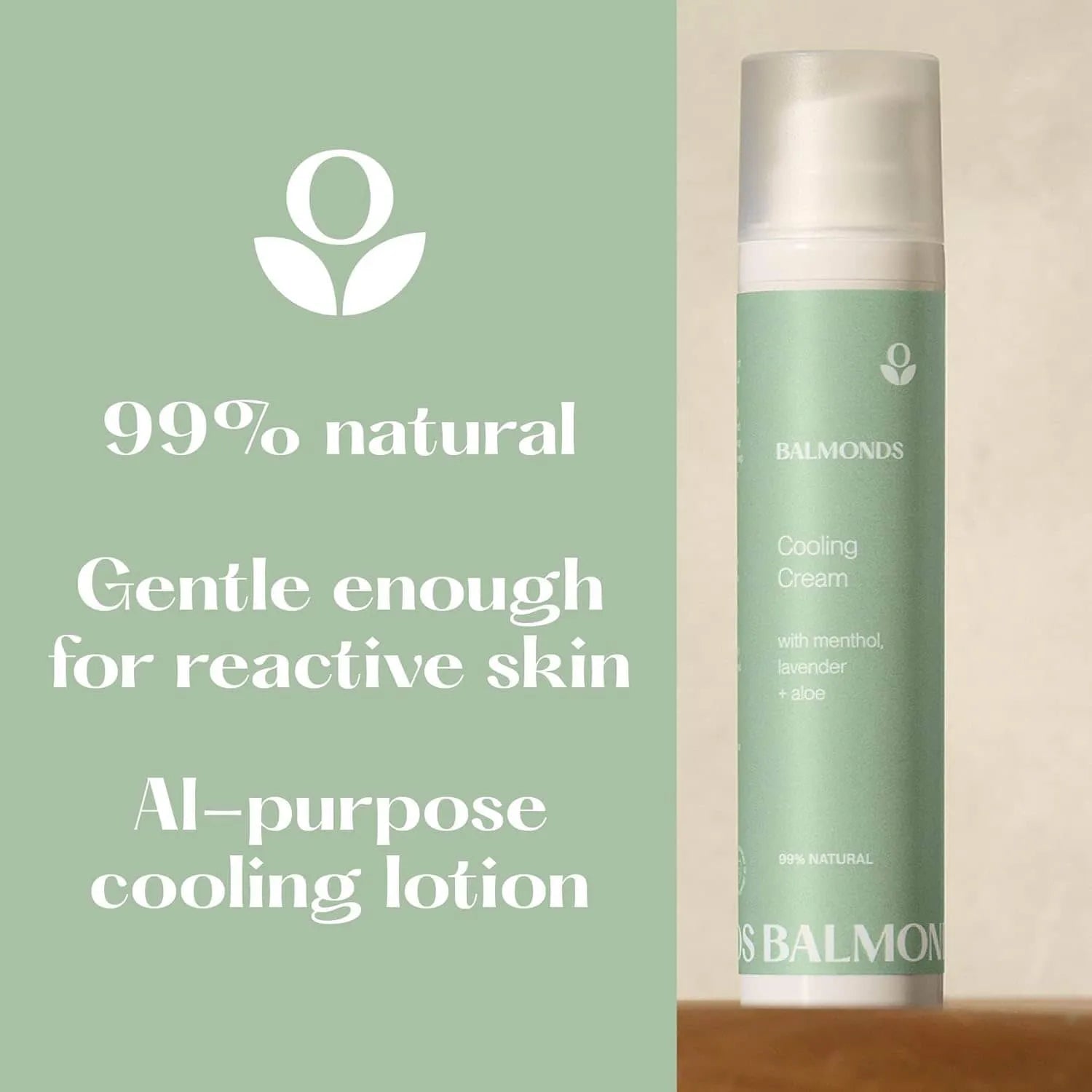 Balmonds Cooling Lotion bottle with text on a green and beige background