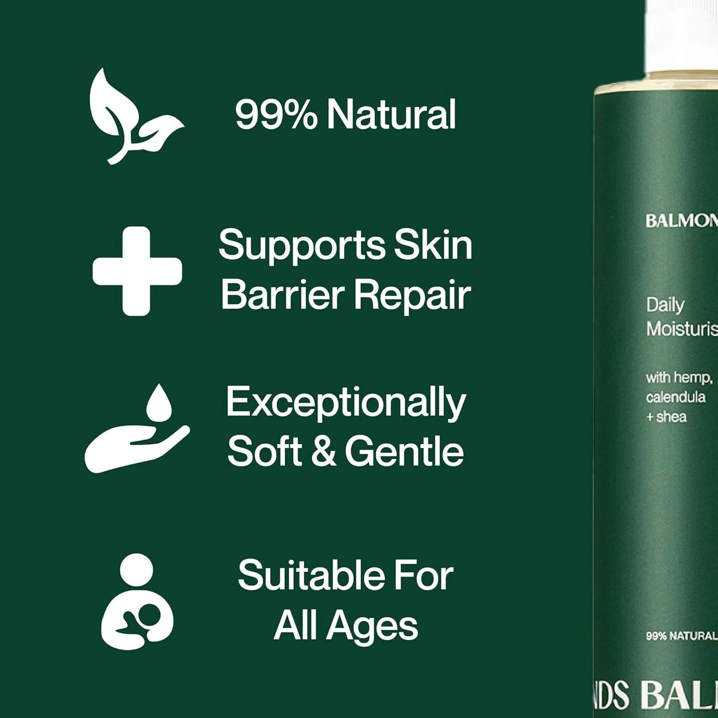 Balmonds Daily Moisturising Cream - 300ml infographic with 99% natural