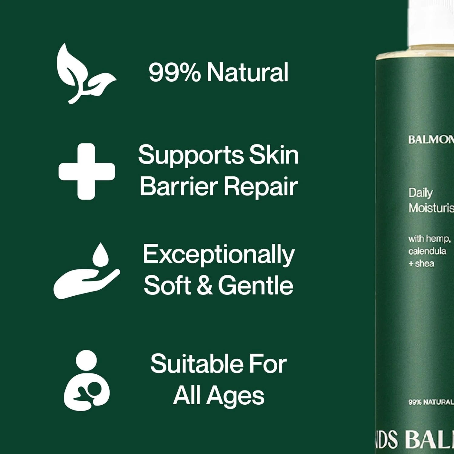 Balmonds Daily Moisturising Cream - 300ml infographic with 99% natural
