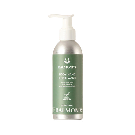 A silver pump bottle of Balmonds Body, Hand & Hair Wash with a sage green label, set against a soft beige background.