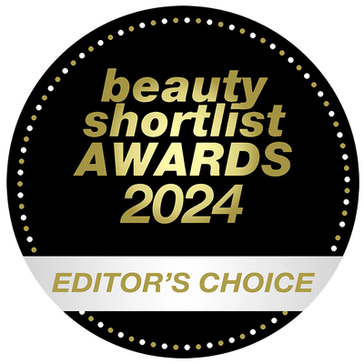 Badge for Beauty Shortlist Awards 2024 Editors' Choice with gold text on a black and white background