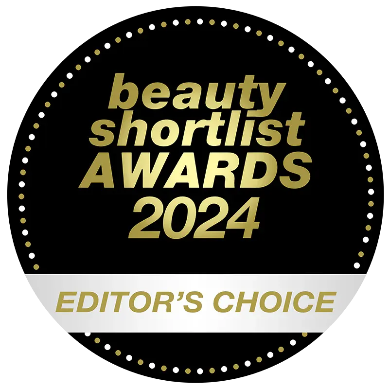 Badge for Beauty Shortlist Awards 2024 Editors' Choice with gold text on a black and white background