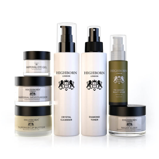 Collection of Highborn London skincare products on a white background
