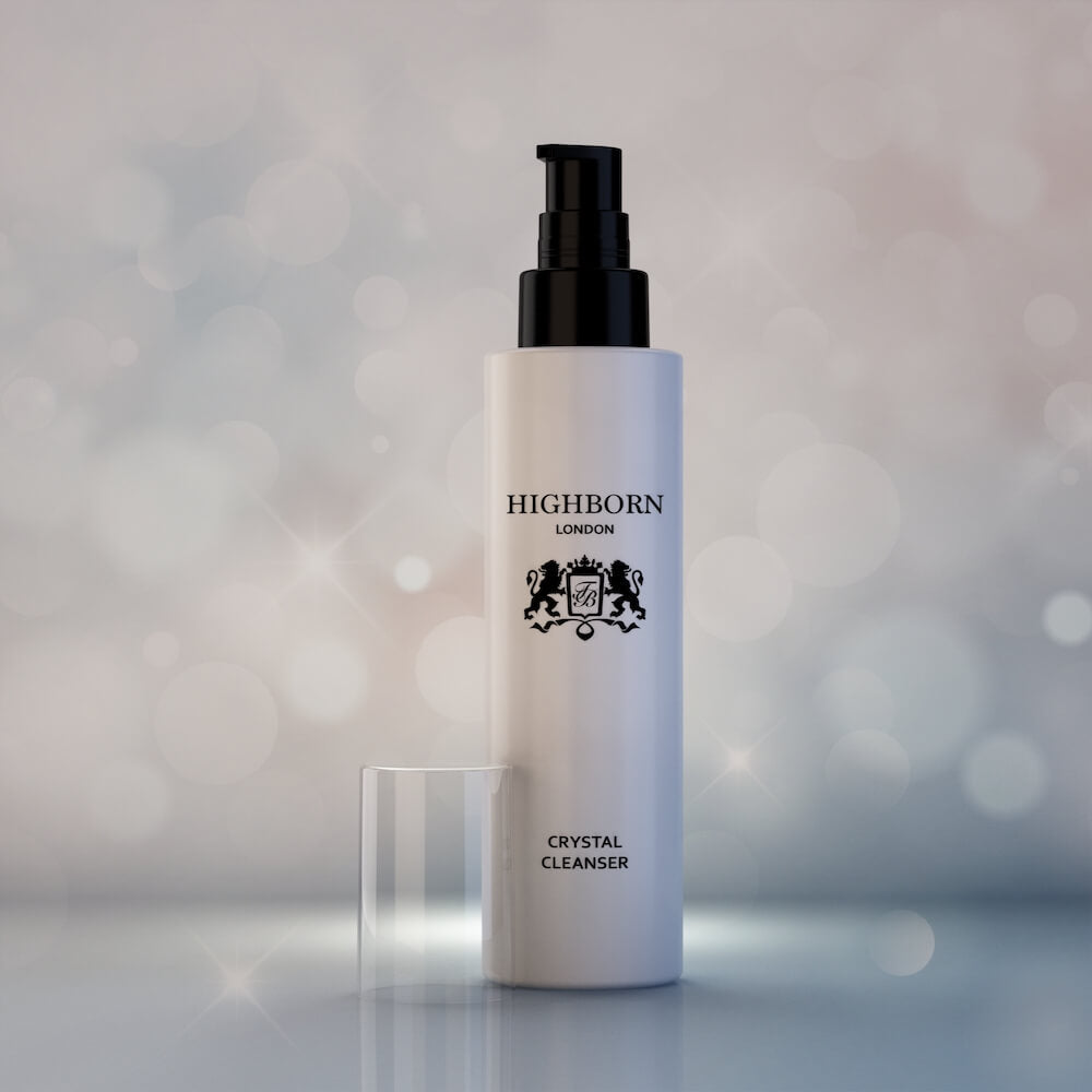 Highborn London Crystal Cleanser bottle on a blurred background