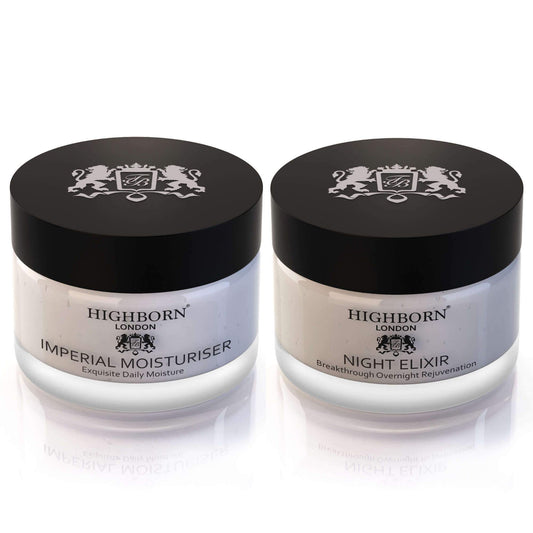 Two jars of Highborn London skincare products on a white background
