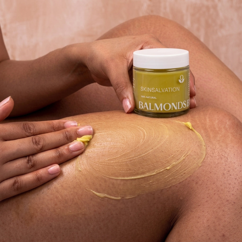 A close-up of a person applying a yellow balmy cream to their upper arm while holding a jar of Skinsalvation Balmonds Soft Waxing Balmy.