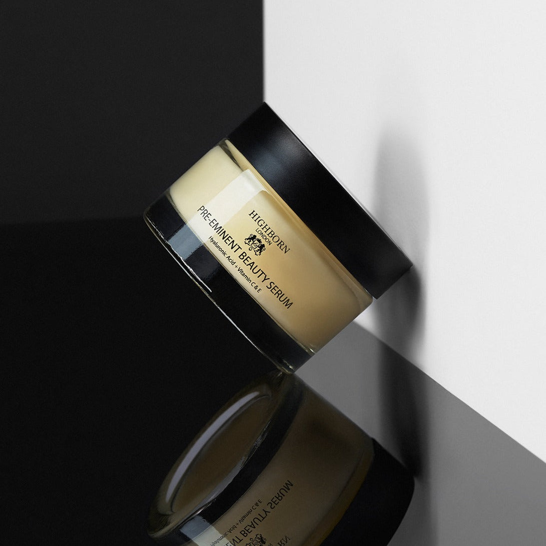 Jar of Hichborn Pre-Eminent Beauty Serum on a black and white background