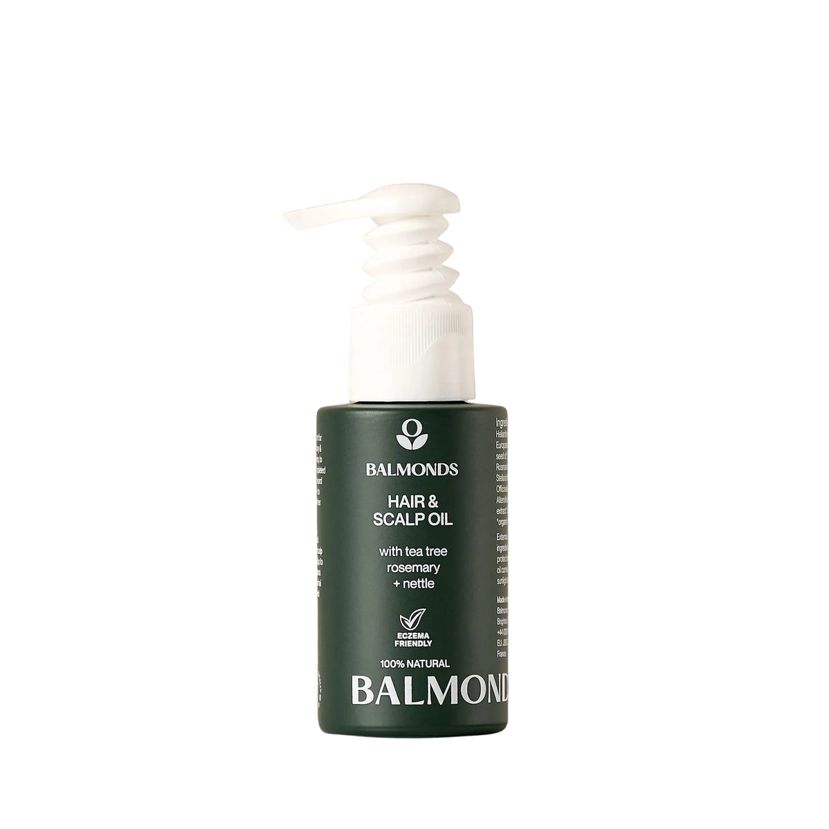 Balmonds hair and scalp oil bottle on a beige background