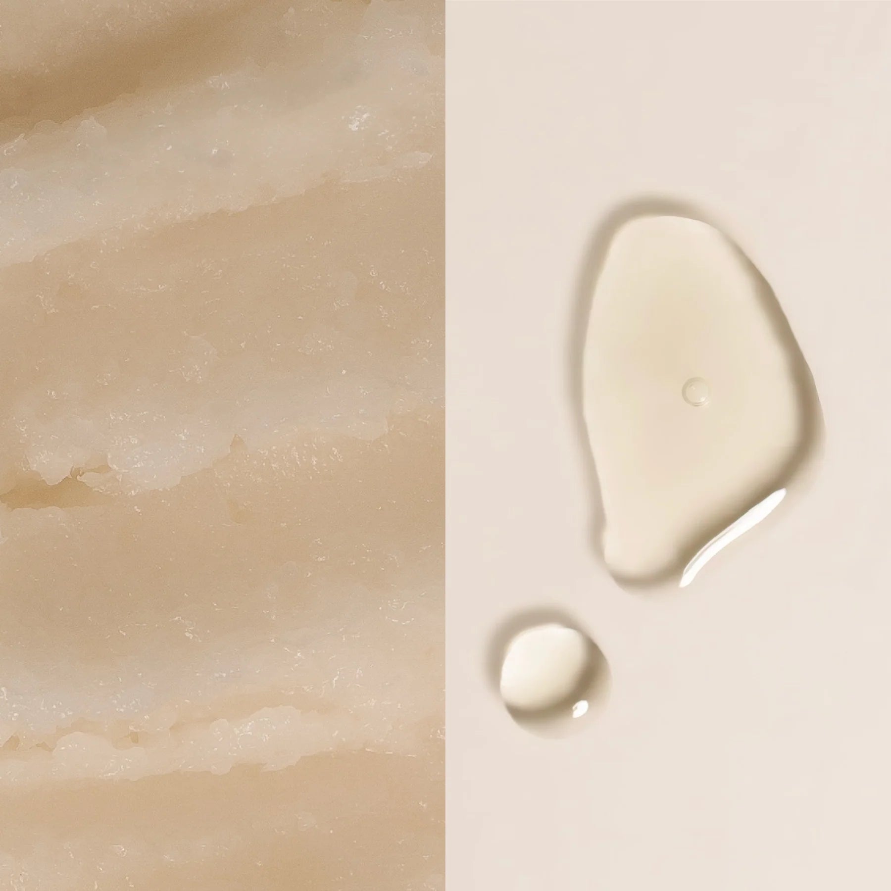 Close-up of cream texture and a droplet on a beige background
