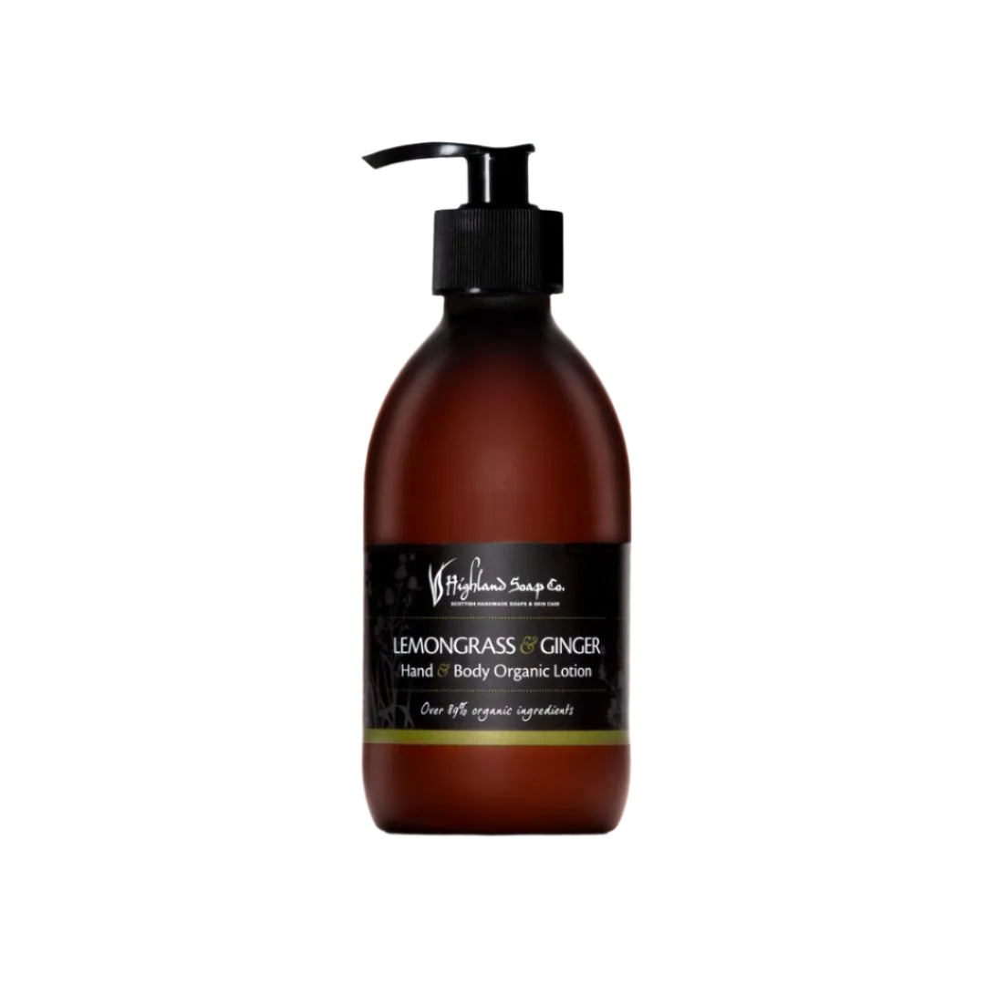 Brown bottle of Highland Soap Company Lemongrass & Ginger Hand and Body Lotion on a white background