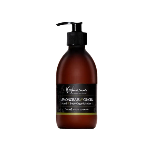 Brown bottle of Highland Soap Company Lemongrass & Ginger Hand and Body Lotion on a white background
