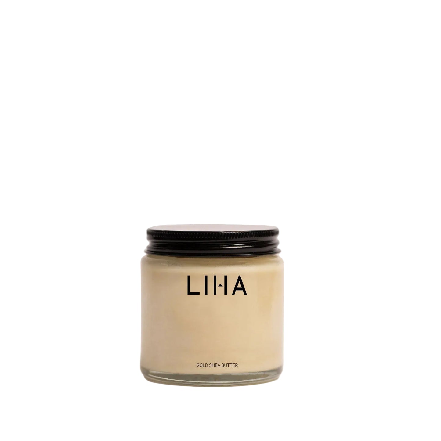 Beige candle jar with black lid and 'LIHA' branding on a white background
