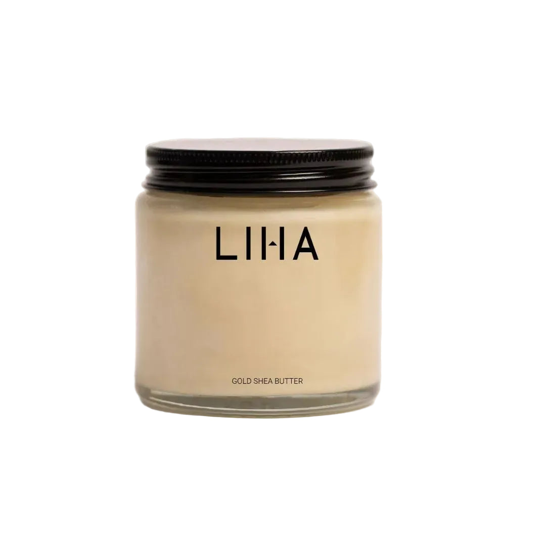 Jar of LIHA gold shea butter on a white background