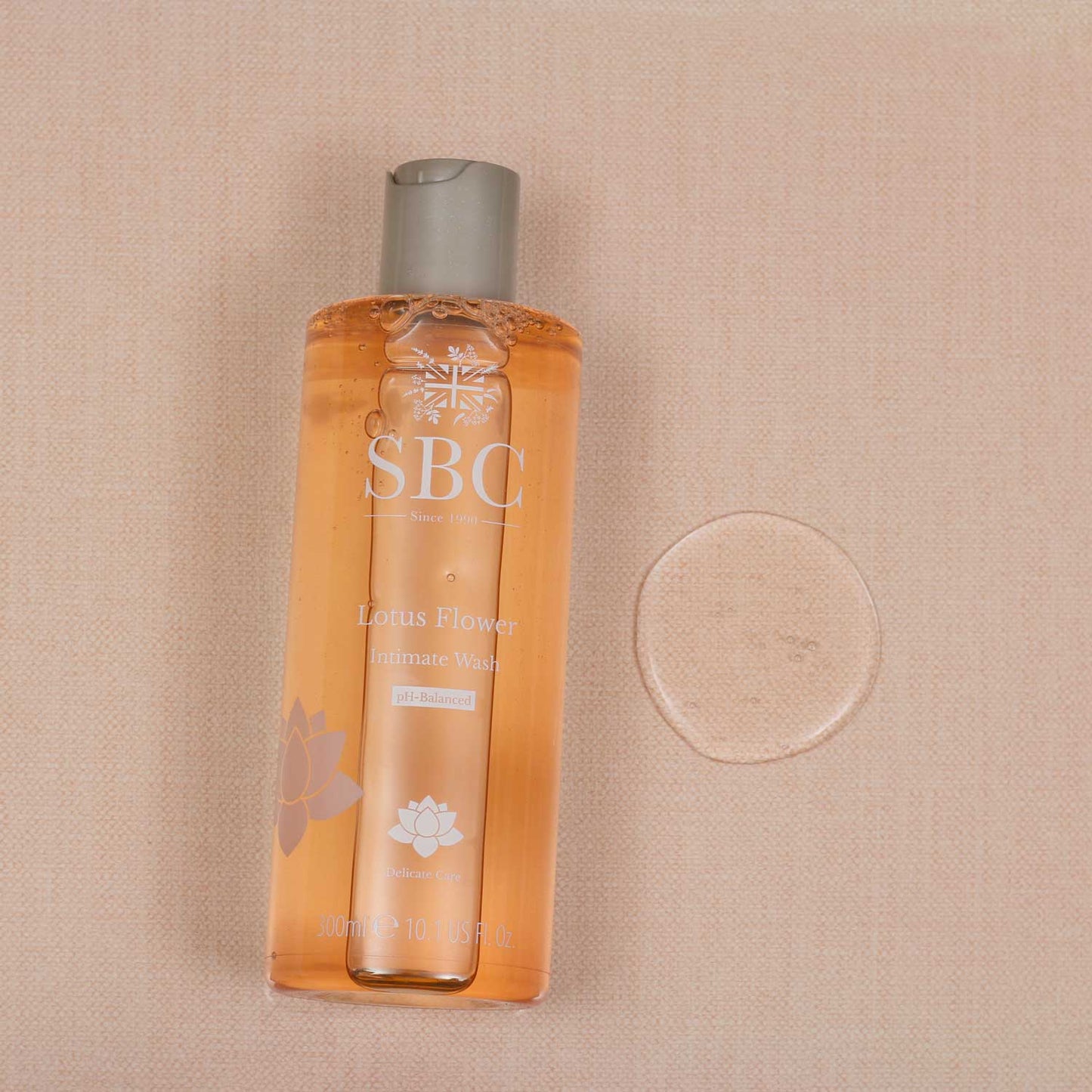 Lotus Flower Intimate Wash 300ml lifestyle shot with swatch