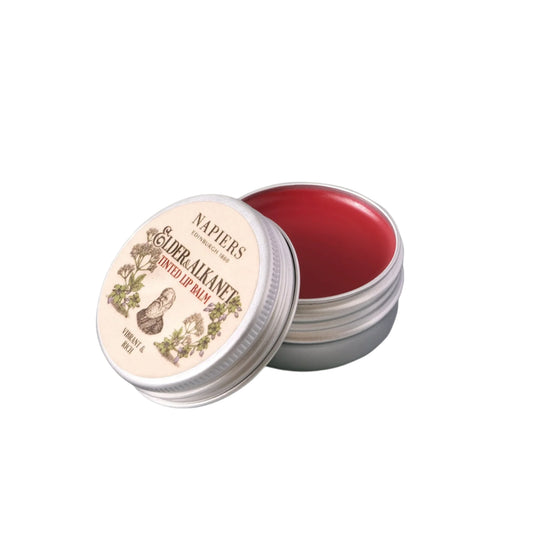 Napiers The Herbalists Elder & Alkanet Lip Tint open tin pack shot with swatch