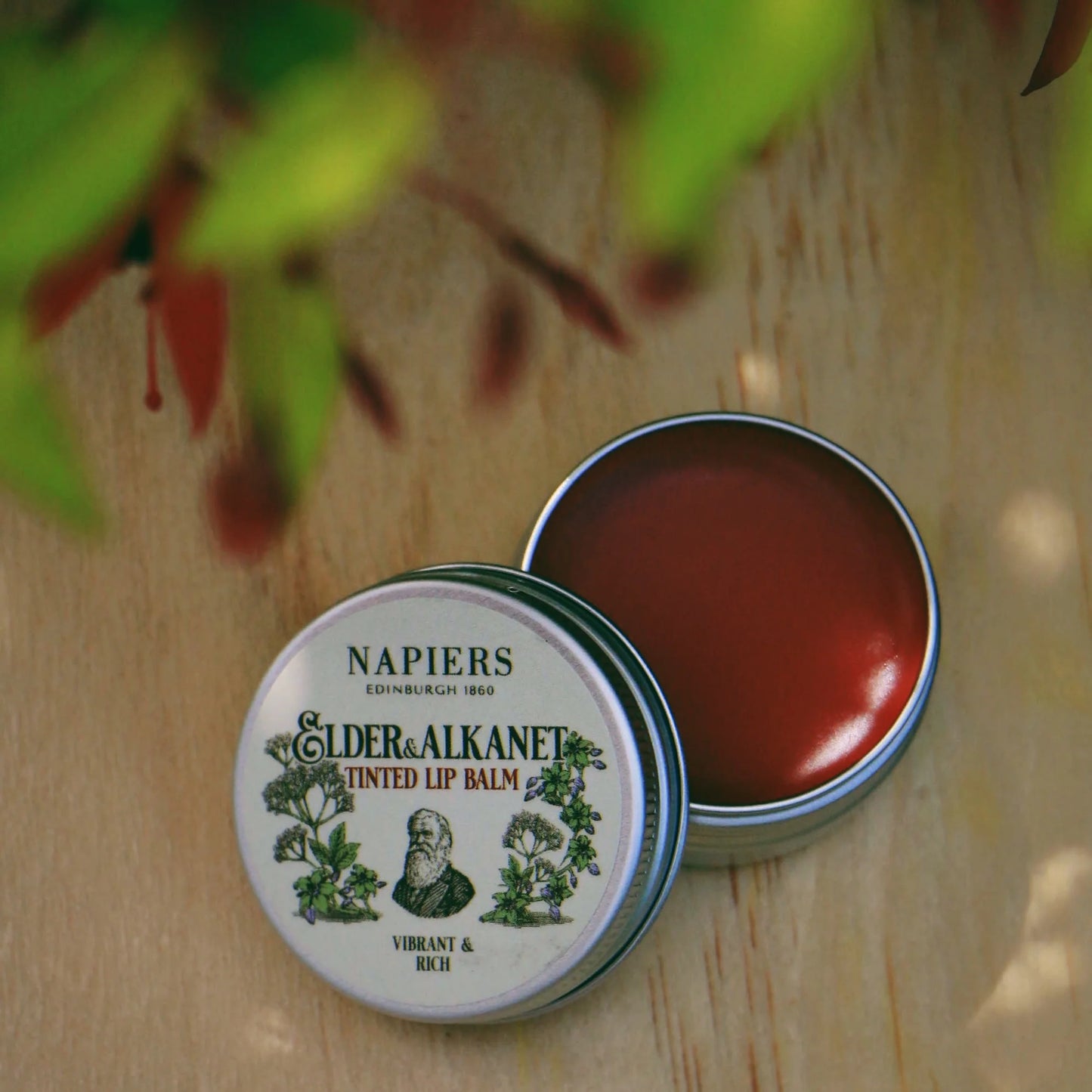 Napiers The Herbalists Elder & Alkanet Lip Tint lifestyle pack shot