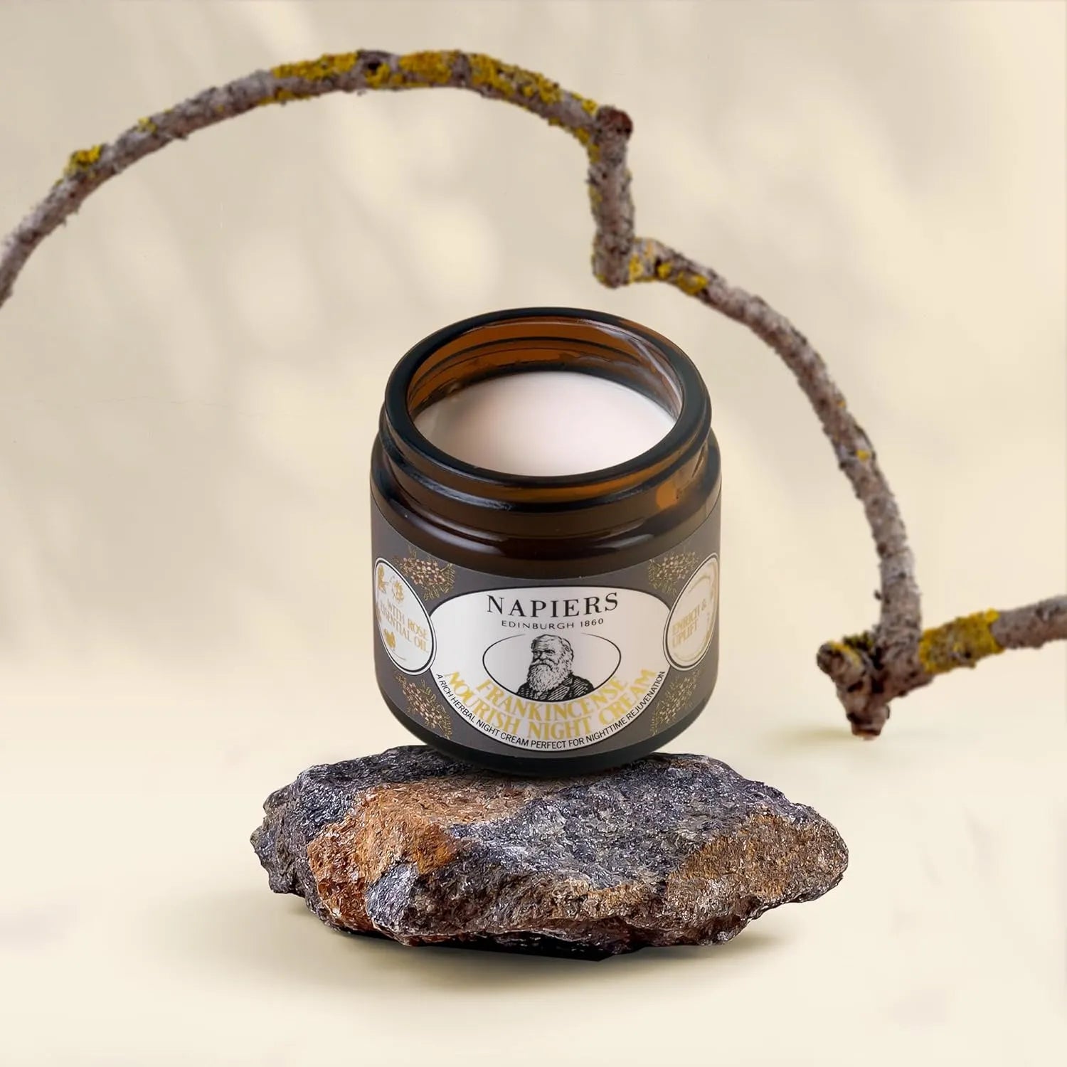 Napiers The Herbalists Frankincense Nourish Night Cream - 60ml lifestyle shot with branch