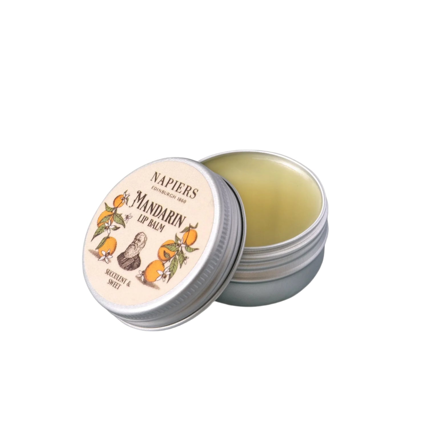 Napiers Mandarin Lip Balm open tin pack shot with swatch