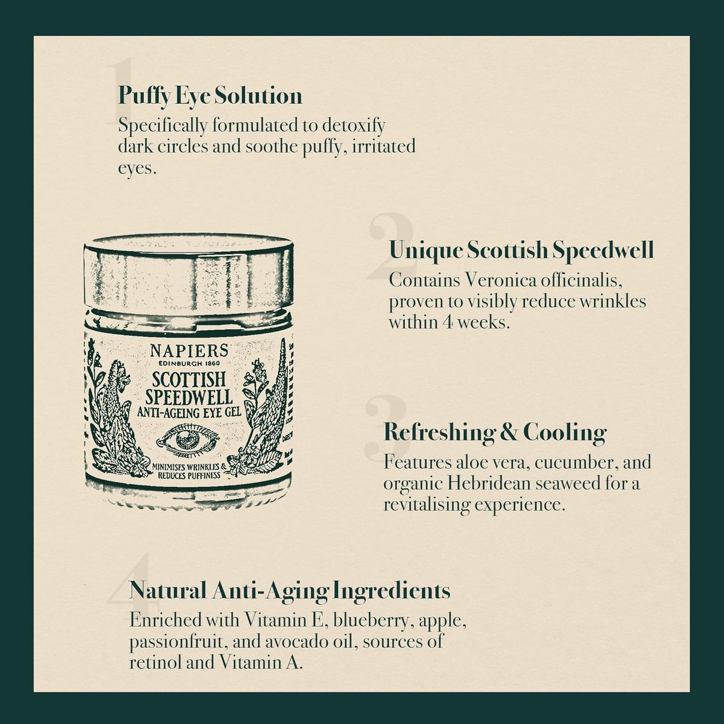 Napiers The Herbalists Speedwell Ageless Eye Gel - 30ml infographic 3 puffy eye solution