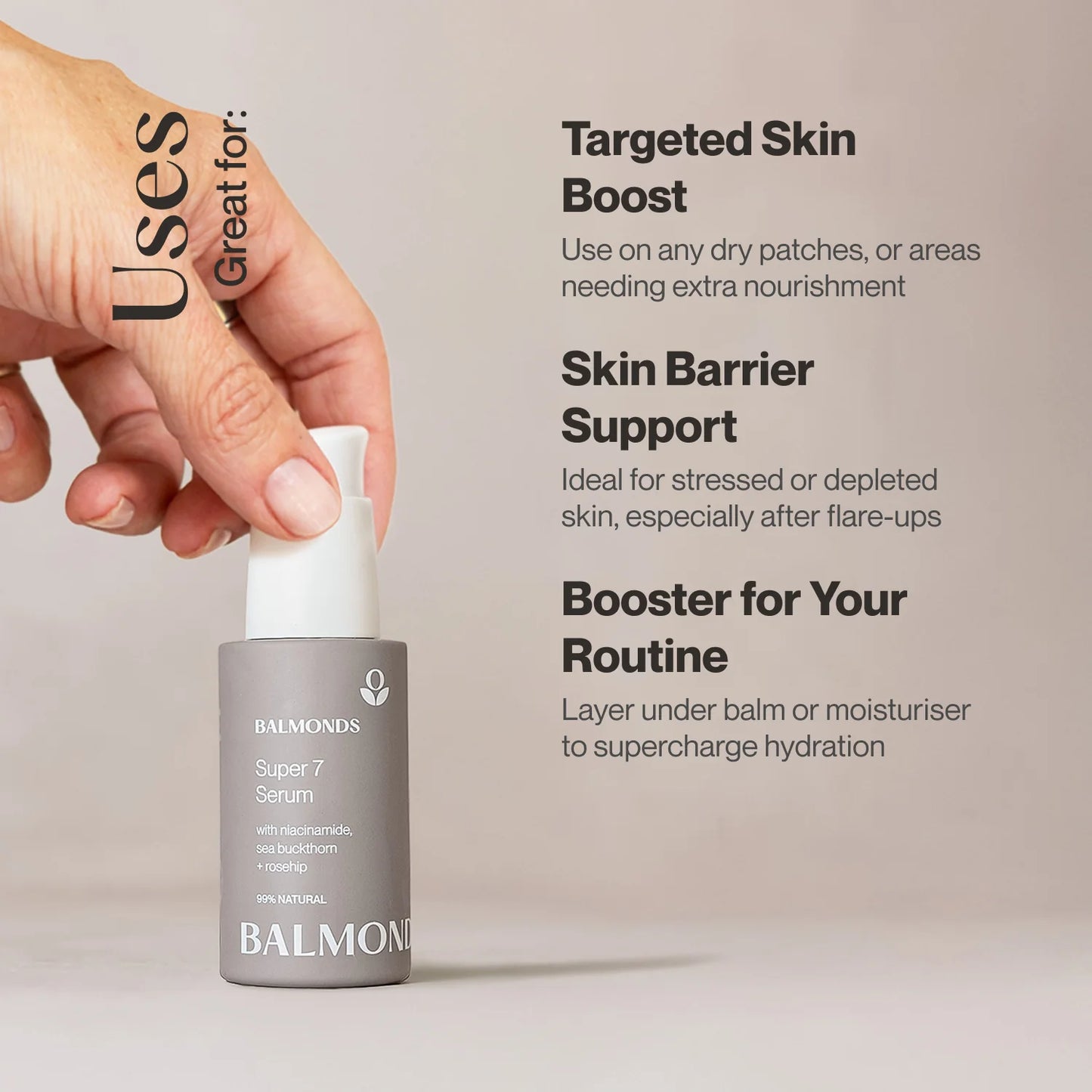 A hand holds a BALMONDS Super 7 Serum bottle against a light beige background, with text on the right explaining its use for targeted skin boost, skin barrier support, and as a routine booster.