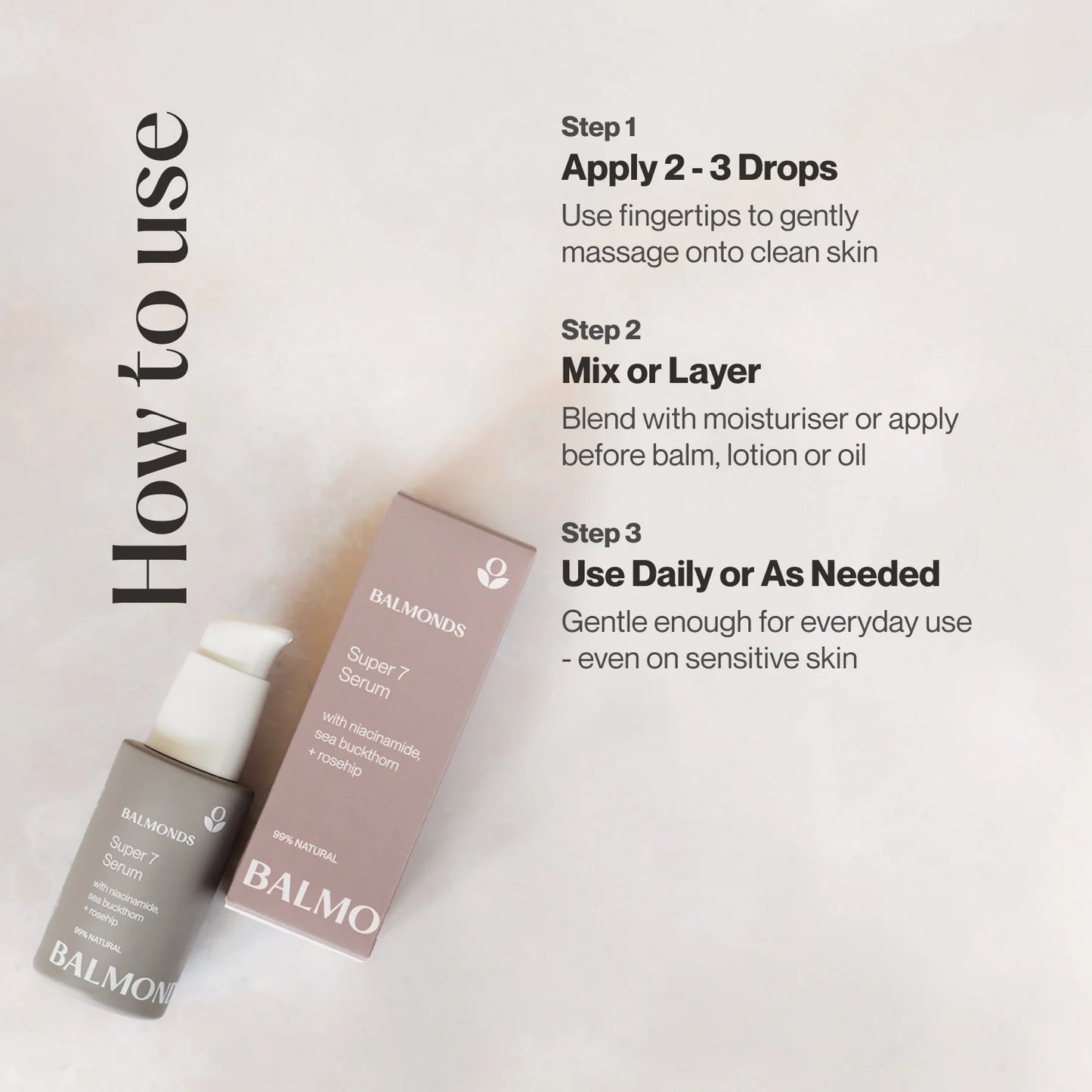 Instructional graphic showing BALMOONDS Balancer 7 Serum with its box and pump bottle on a light background, alongside usage steps: apply 2-3 drops, mix or layer, and use daily or as needed.
