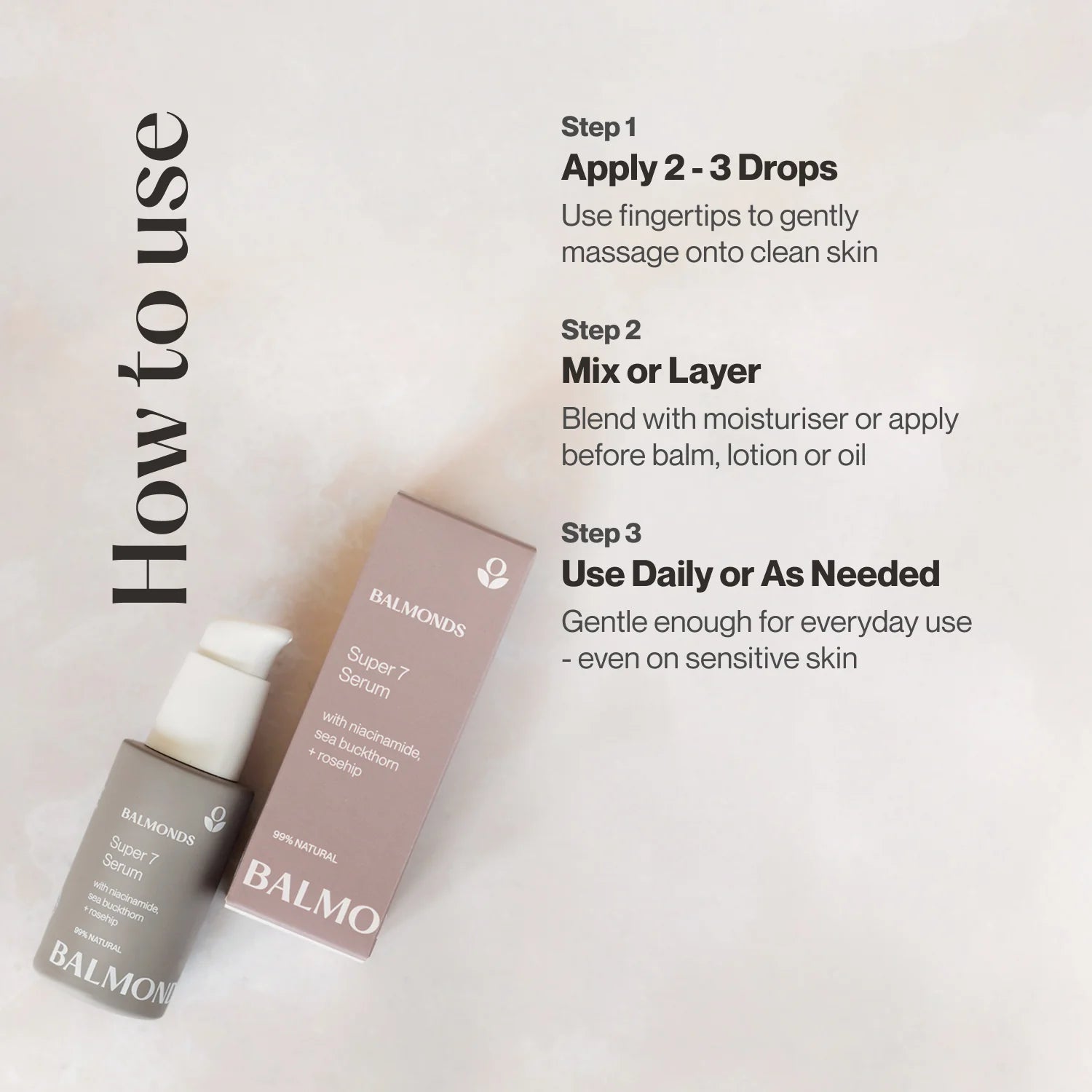 Instructional graphic showing BALMOONDS Balancer 7 Serum with its box and pump bottle on a light background, alongside usage steps: apply 2-3 drops, mix or layer, and use daily or as needed.
