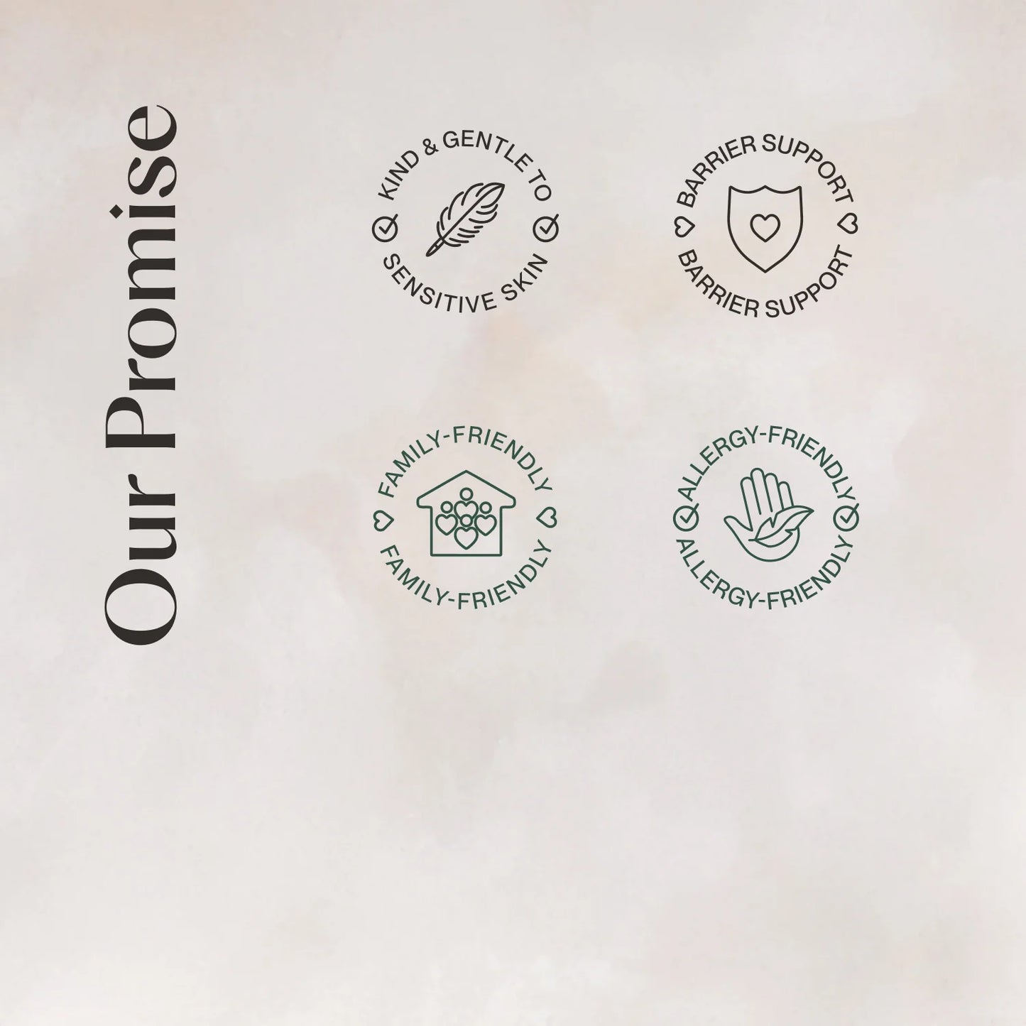 A square promotional graphic with the text 'Our Promise' in large black serif lettering on the left and four circular black line icons on a light warm beige background. The icons read: 'KIND & GENTLE TO SENSITIVE SKIN,' 'BARRIER SUPPORT BARRIER SUPPORT,' 'FAMILY-FRIENDLY,' and 'ALLERGY-FRIENDLY.
