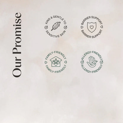 A square promotional graphic with the text 'Our Promise' in large black serif lettering on the left and four circular black line icons on a light warm beige background. The icons read: 'KIND & GENTLE TO SENSITIVE SKIN,' 'BARRIER SUPPORT BARRIER SUPPORT,' 'FAMILY-FRIENDLY,' and 'ALLERGY-FRIENDLY.