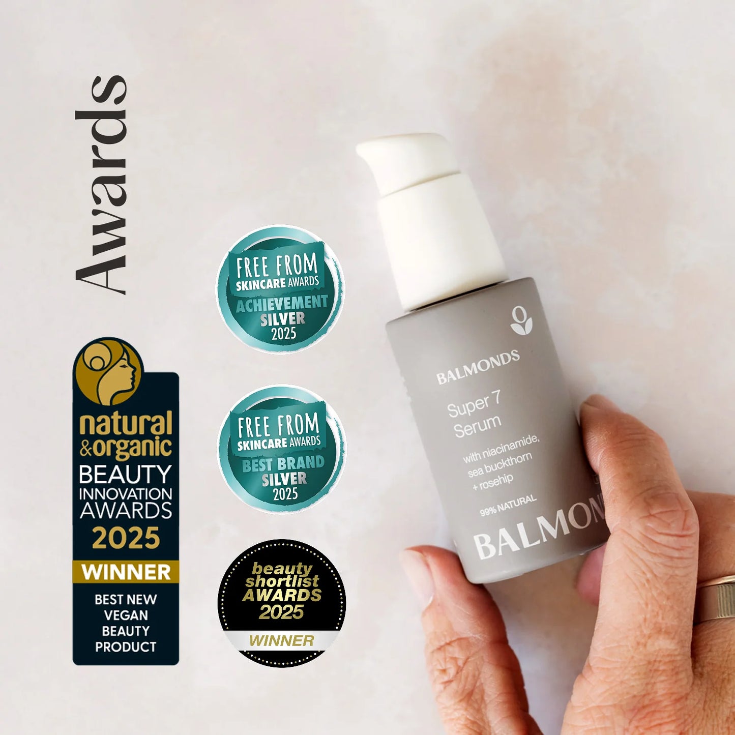 Balmonds Super 7 Serum with awards on a light background
