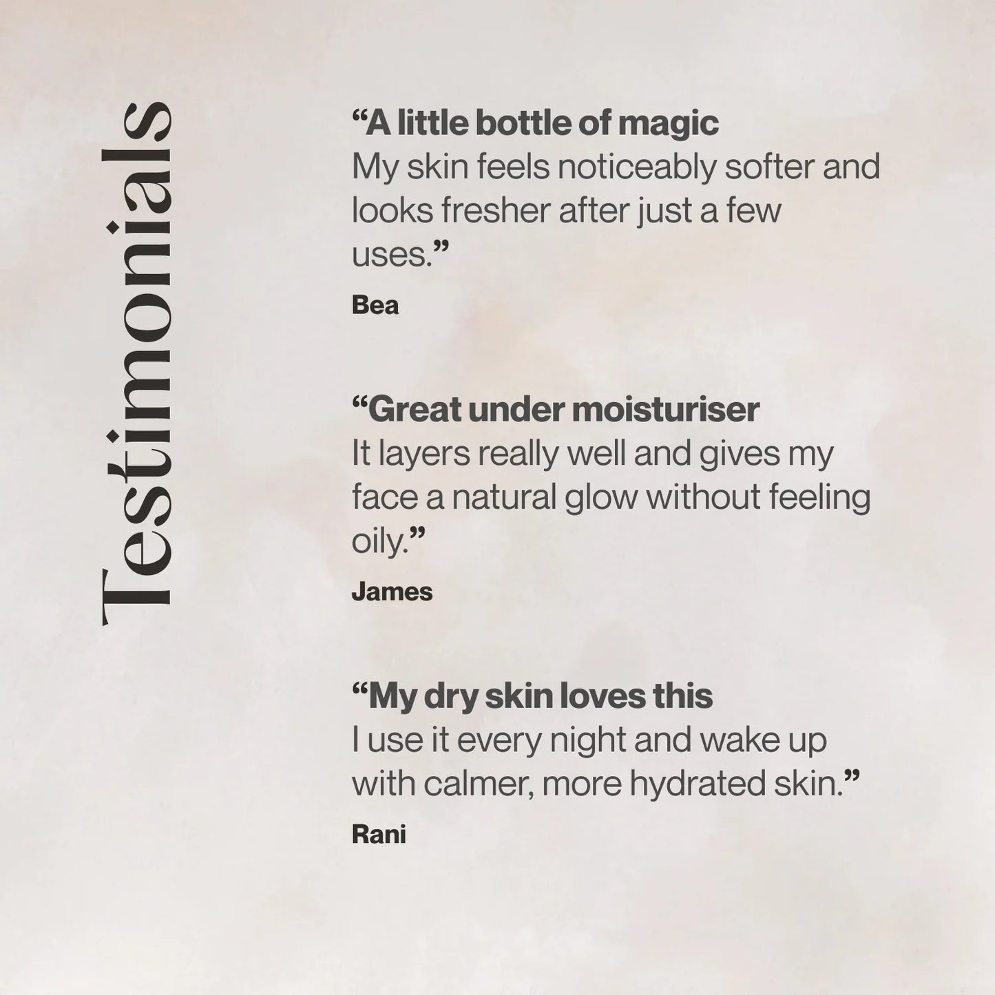 Testimonials about a skincare product on a light background