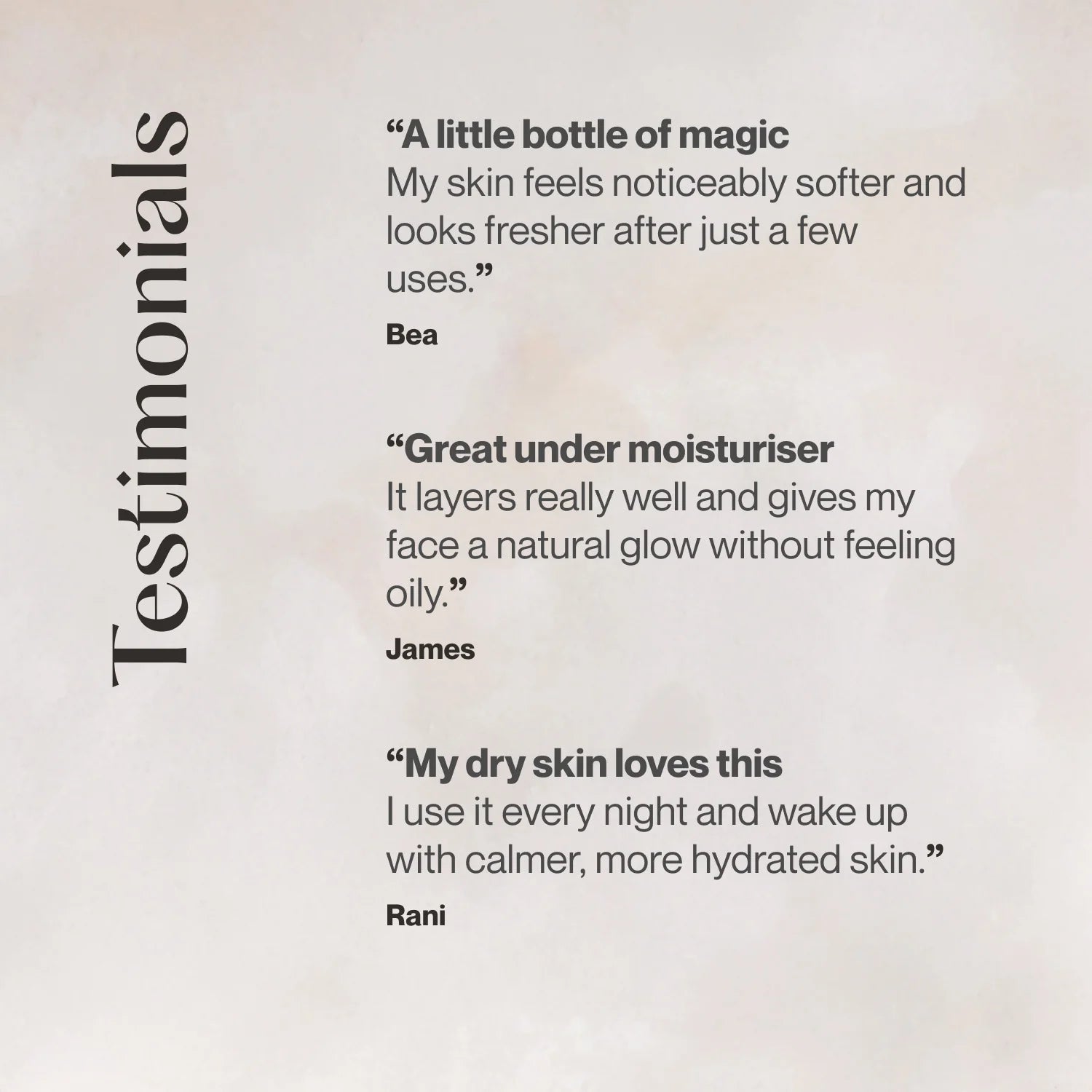 Testimonials about a skincare product on a light background
