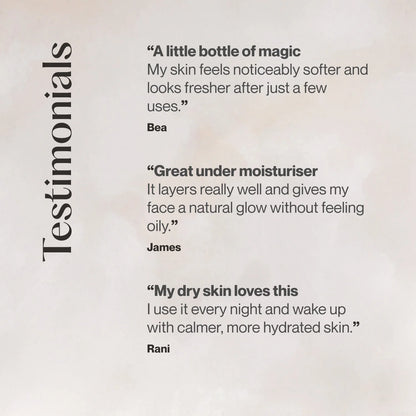 Testimonials about a skincare product on a light background