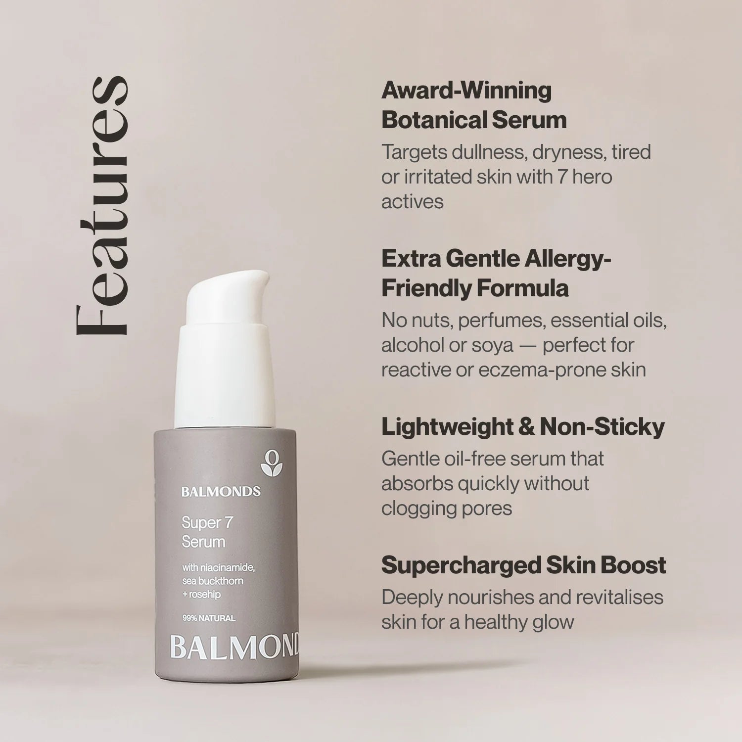 Balmonds Super 7 Serum bottle with features listed on a beige background