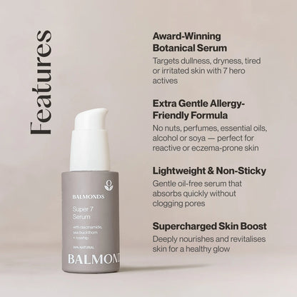Balmonds Super 7 Serum bottle with features listed on a beige background