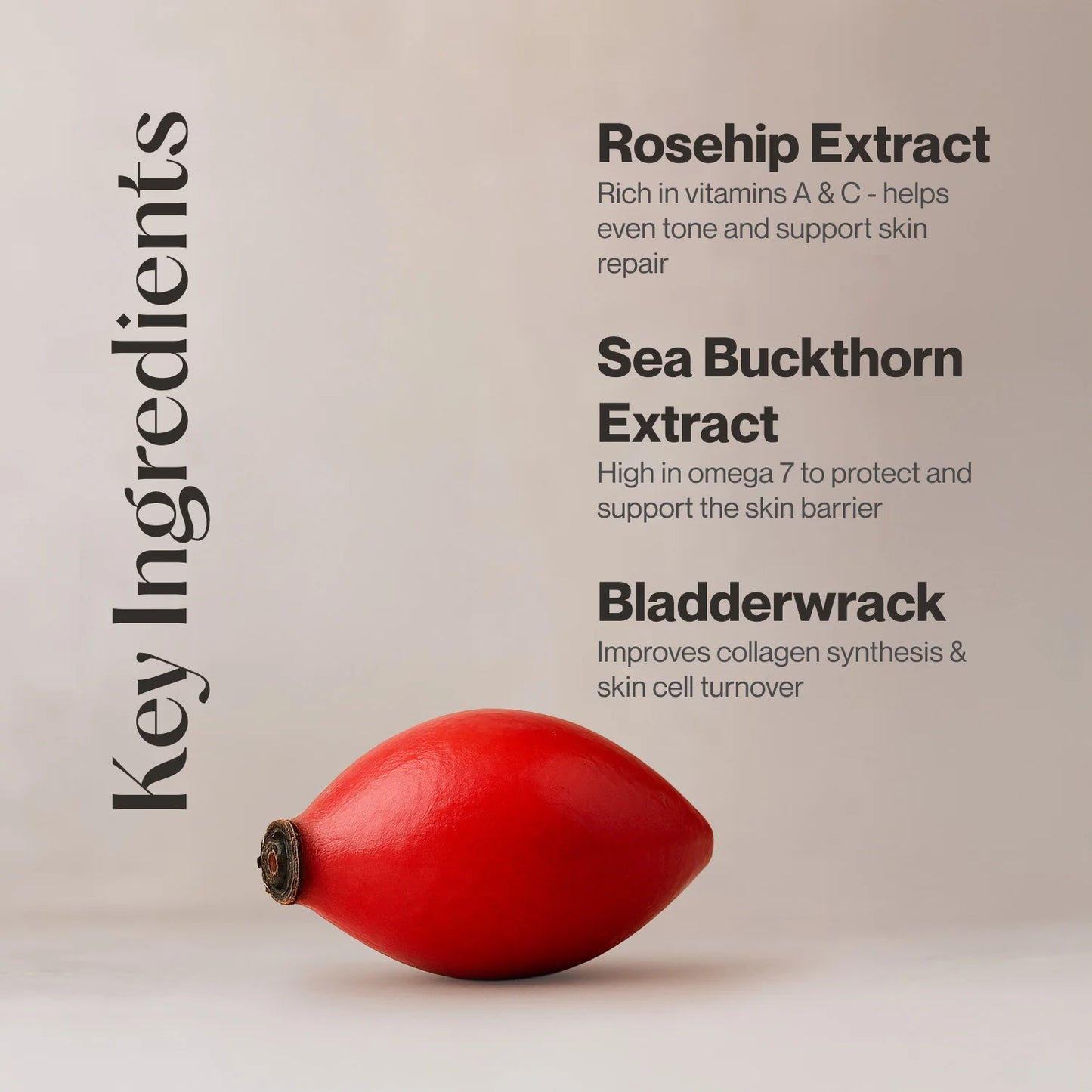 Red berry with text on a beige background about rosehip extract, sea buckthorn extract, and bladderwrack.