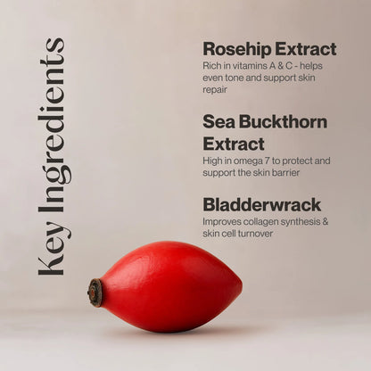 Red berry with text on a beige background about rosehip extract, sea buckthorn extract, and bladderwrack.