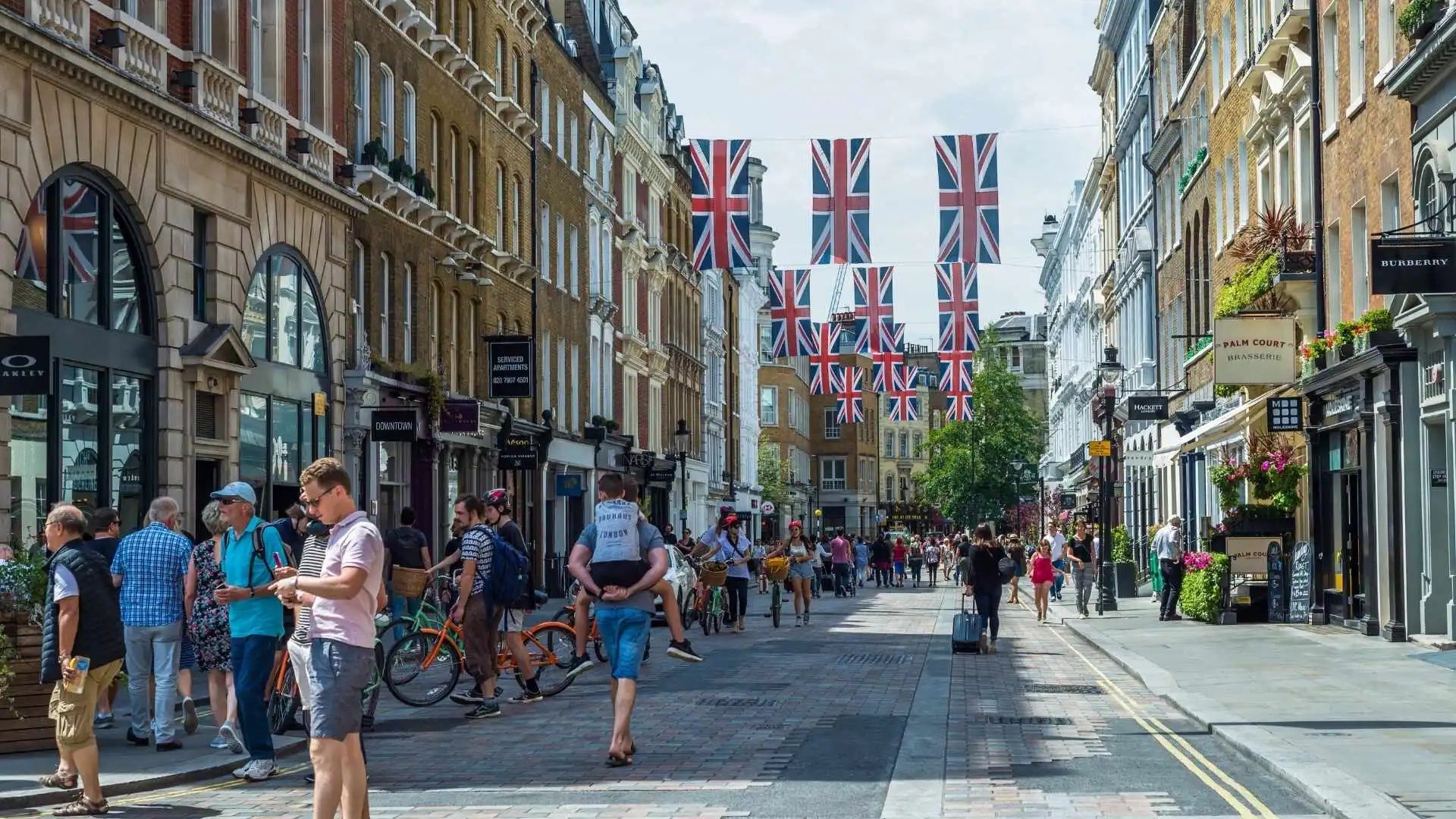 SOHO street in London with Union Jack flags